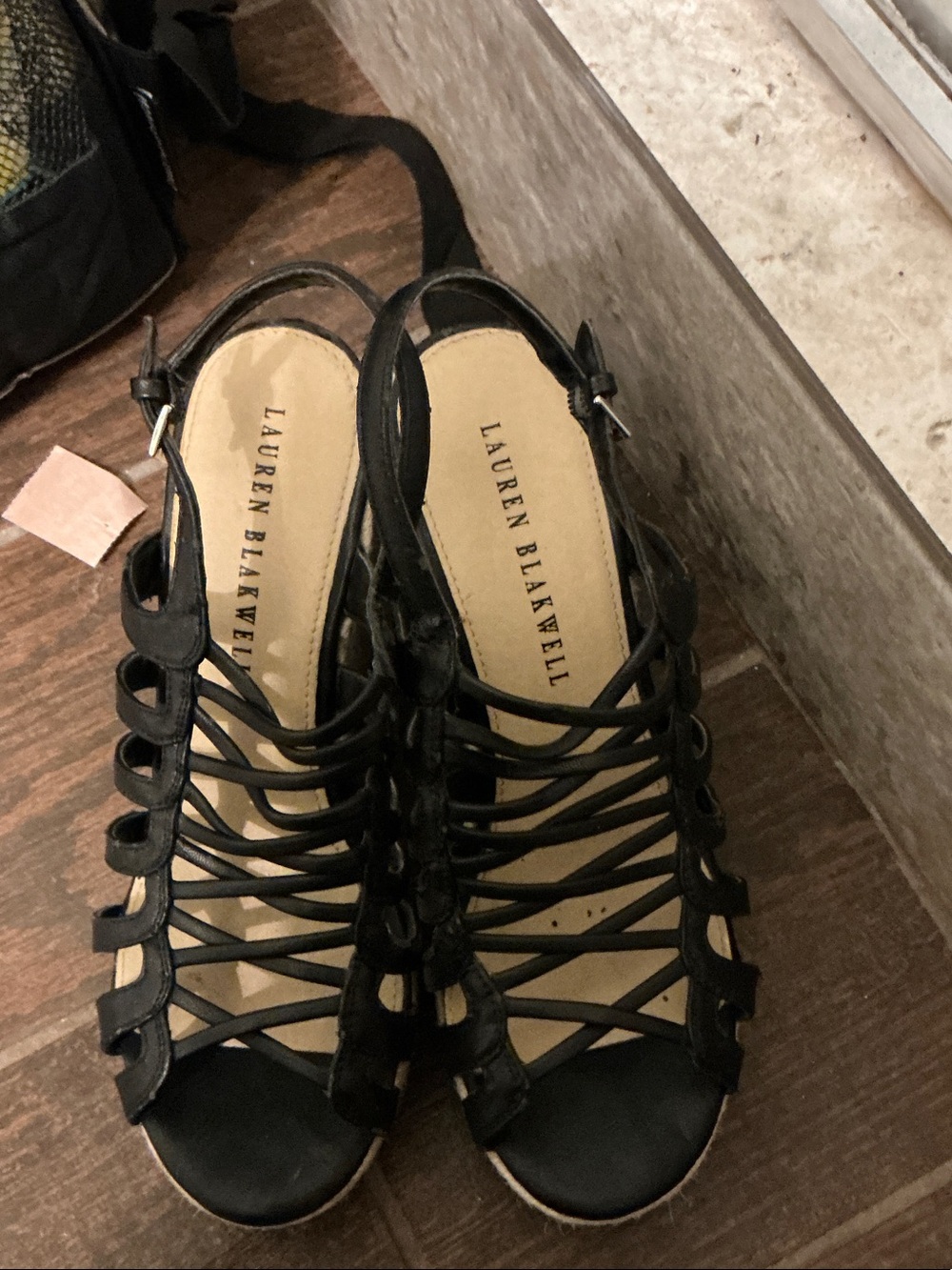 Lauren Blakwell Black Strappy Wedge Sandals with Ankle Buckle